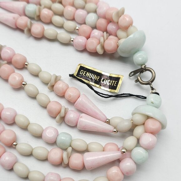 Vintage NOS Multi Strand Pastel Lucite Beaded Necklace 19" Pink White Green - Picture 4 of 5